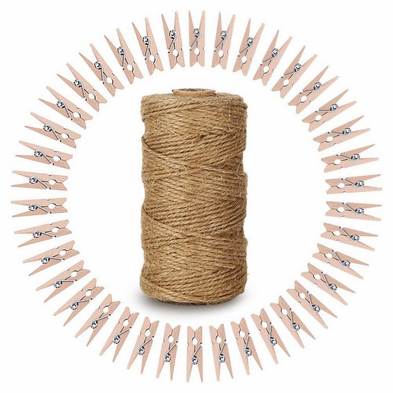 328 Feet Natural Jute Twine with 100 Pcs Mini Natural Wooden Clothespins Photo Pegs Craft Clips