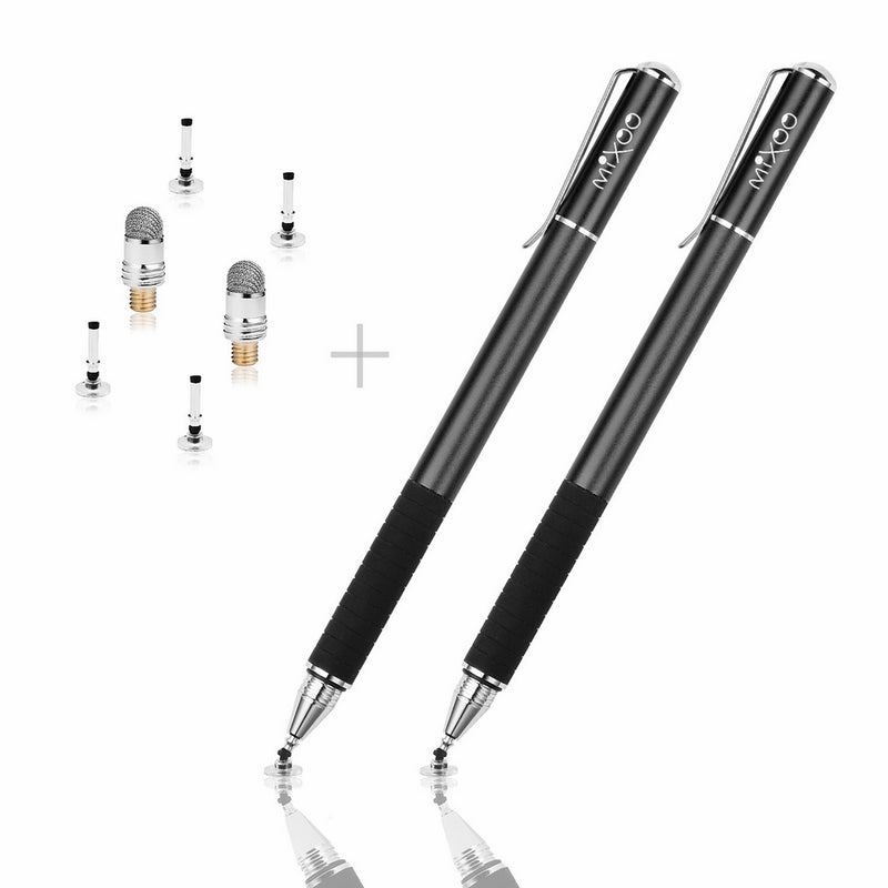 Mixoo 2-in-1 Precision Disc & Fiber Tip Stylus with 6 Extra Replaceable Tips for Tablet/iphone/Computer/ipad & Capacitive Touch Screen Devices, Pack of 2,(Black/Black)