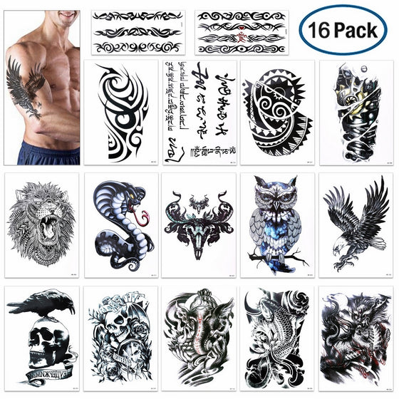 Temporary Tattoo for Guys for Man - Konsait Extra Fake Temporary Tattoo Black Tattoo Body Stickers Arm Shoulder Chest & Back Make up - Lion, Dead Skull,Koi Fish, Eagle Hawks Tribal Symbols