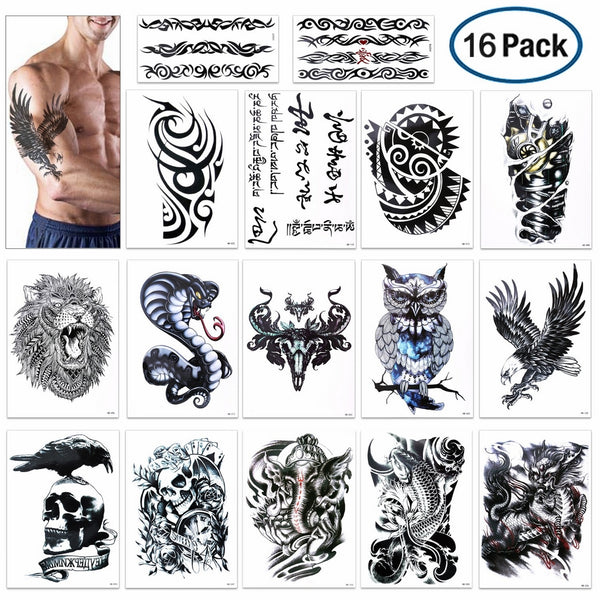 Temporary Tattoo for Guys for Man - Konsait Extra Fake Temporary Tattoo Black Tattoo Body Stickers Arm Shoulder Chest & Back Make up - Lion, Dead Skull,Koi Fish, Eagle Hawks Tribal Symbols