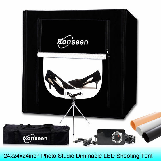 Photo Studio Shooting Tent Box 24"x24"x24" Dimmable LED Table Top 5500K Lightbox Softbox Kits for Photography Lighting with Dimmer,Mini Tripod and 3 Color PVC Backdrops