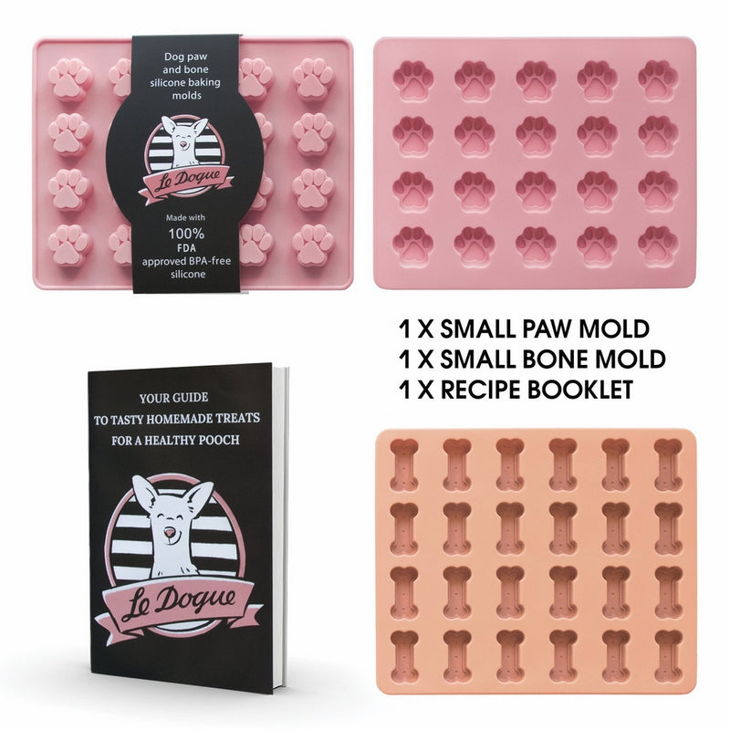 Le Dogue Mini Dog Paw and Bone Silicone Baking Tray Molds with Healthy Recipe Booklet, For Puppy Treats, Cookies and Ice Cubes, Food Grade Silicone
