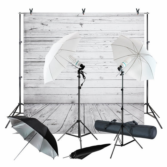 Julius Studio Wood Floor Backdrop Muslin with Umbrella Lighting Kit, Background Support Stand, Bulb, Socket, Spring Clamp, White & Black Umbrella Reflector, Photography Studio, JSAG355