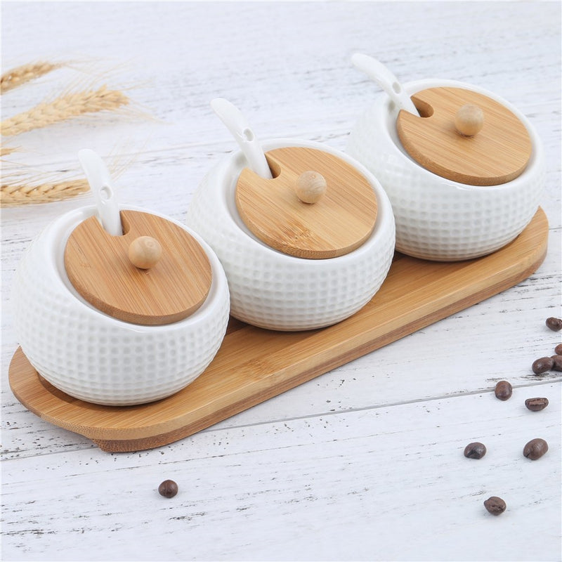 Porcelain Condiment Container Spice Jar with Lids - Bamboo Cap Holder Spot, Ceramic Serving Spoon, Wooden Tray - Best Pottery Cruet Pot for Your Home, Kitchen, Counter. White,170 ML (5.8 OZ), Set of 3