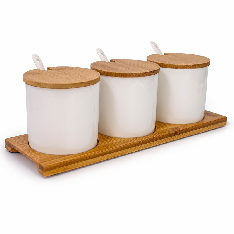 June Sky Ceramic Food Storage Containers with Bamboo Lid- Modern Design Porcelain Jar- Perfect Canister for Sugar Bowl Serving Tea, Coffee, Spice- Condiment Pot 8 oz, white(Sugar Container Set of 3)