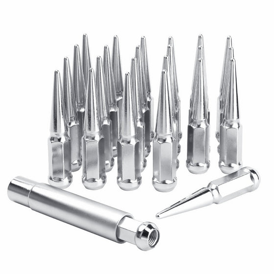 KSP 24 Pc Spiked Solid Metal Lug Nuts M14x1.5 thread 4.4" Tall Closed End Bulge Acorn Spike Lug Nut and 1 long Socket Key For Aftermarket Wheels Chevy Silverado Silver