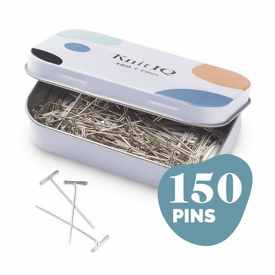 KnitIQ Strong Stainless Steel T-Pins for Blocking, Knitting & Sewing | 150 Units, 1.5 inch -Pin Needles | Comes with Hinged Reusable Tin