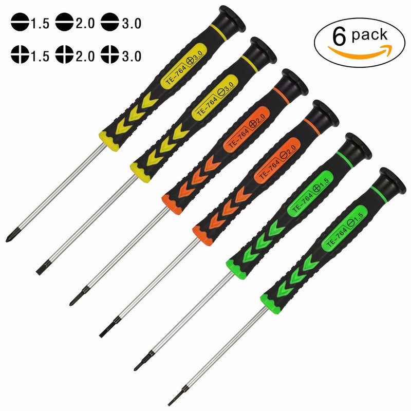 Precision Screwdriver Set 6 pieces, Non-slip and Long Rotatable Handle Flathead and Cross Screwdrivers, Magnetic Screwdrivers Professional Repair Tool for Phone, Watch, Jewelry, Eyeglass