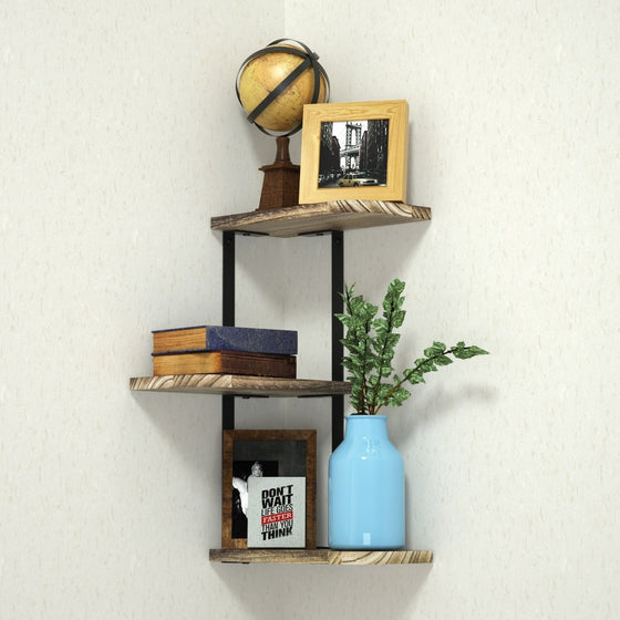 Love-KANKEI Corner Shelf Wall Mount of 3 Tier Rustic Wood Floating Shelves for Bedroom, Living Room, Bathroom, Kitchen, Office and More