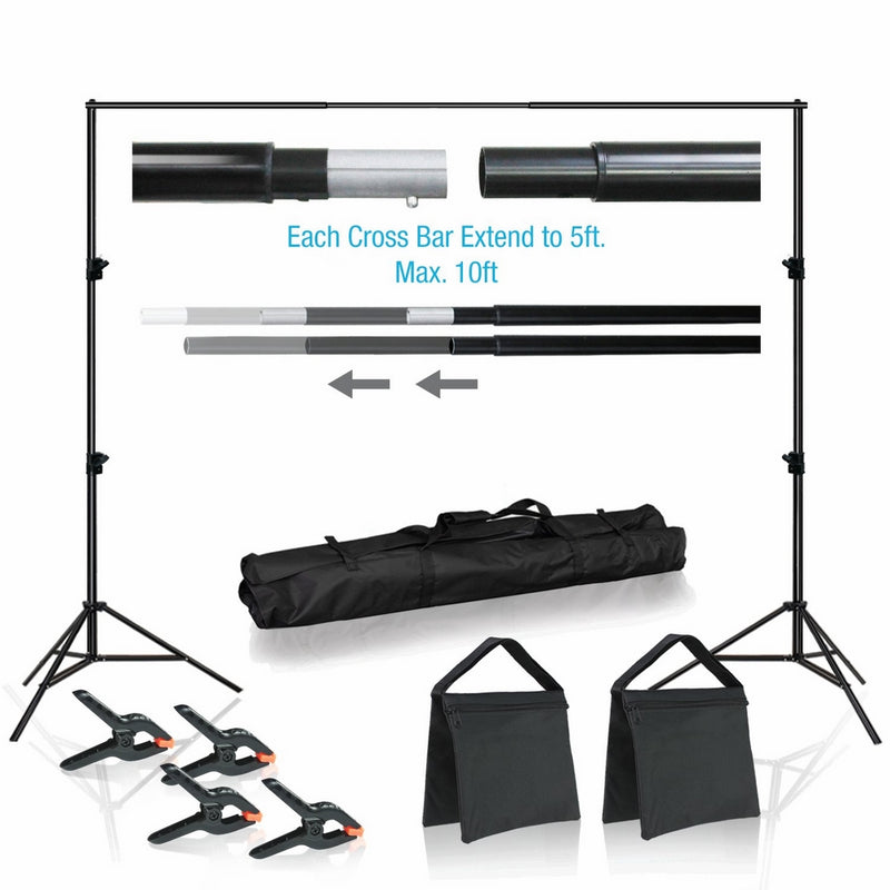 Lusana Studio 10 feet Wide Backdrop Support Stand Cross Bar Kit with Spring Clamp and Counter Weight Sand Bag for Stablizing Structure, Photo Video Studio Setting, LNA1018