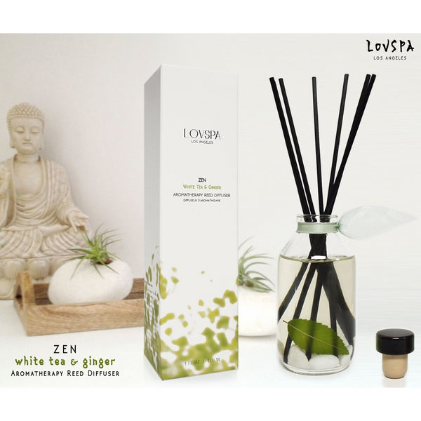 LOVSPA ZEN White Tea and Ginger Aromatherapy Reed Diffuser Gift Set by Tranquil & Serene | with Citrus, Peony, Lavender, Geranium, Sandalwood & Musk | Best Gift Idea! Vegan. Made in the USA