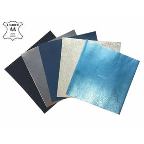 Leather Scraps BLUE and SILVER Metallic leather pieces silver scrap Leather for crafting, 5x5 inches, 5 pieces, blue leather sheets