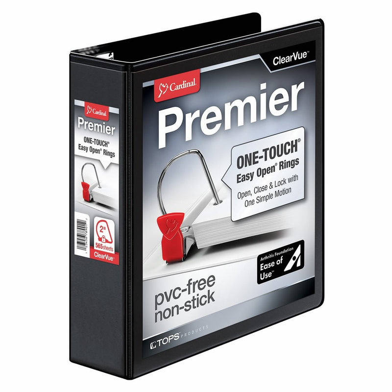 Cardinal Premier Easy Open 3-Ring Binder, 2", ONE-TOUCH Easy Open Locking Slant-D Rings, 565-Sheet Capacity, ClearVue Cover, PVC-Free, Black (10321CB)