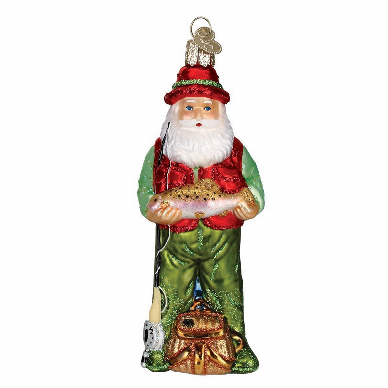 Old World Christmas Fly Fishing Santa Glass Blown Ornament