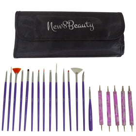 Nail Art Brushes, Dotting Pens Marbling Detailing Painting Striping Tools 20pc Kit Set with Roll-Up Pouch - Best for nail art and facial detailed painting - FREE eBook with Design Idea