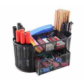 PAG Office Supplies Mesh Desk Organizer Pen Holder Accessories Storage Caddy with Drawer, 9 Compartments, Black