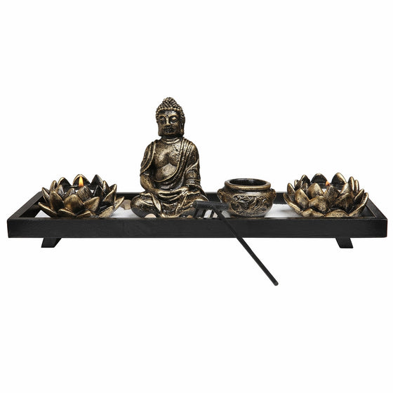 MyGift Home Zen Garden Set - Buddha Statue / Lotus Tea Light Candle Holder / Incense Burner Holder