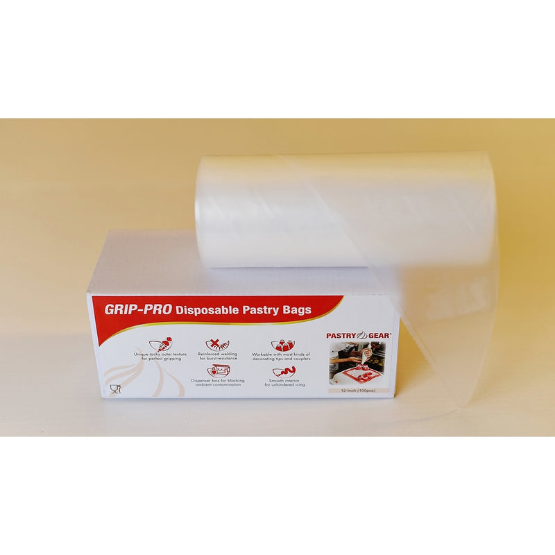 PastryGear Grip-Pro 12-Inch Anti-slip Ultra Thick Disposable Pastry / Piping Bags with Dispenser (Roll of 100 Pcs)