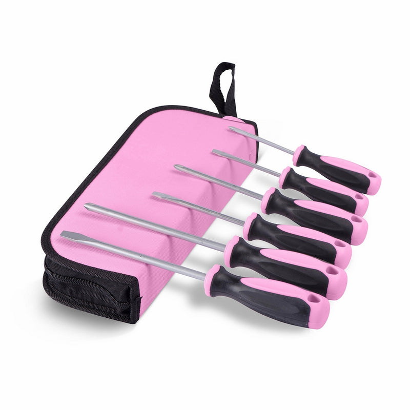 Pink Power Screwdriver Set with Pink Tool Bag - 6 Piece Phillips and Flathead Hand Tool Set for Women