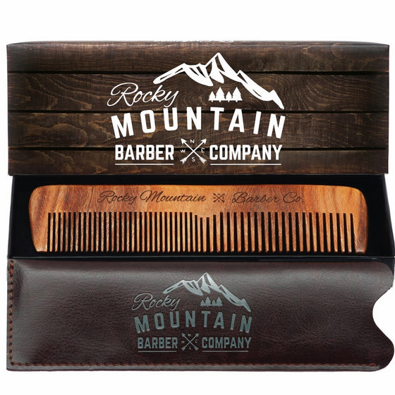 Hair Comb - Wood with Anti-Static & No Snag with Fine and Medium Tooth for Head Hair, Beard, Mustache with Premium Carrying Pouch in Design in Gift Box by Rocky Mountain