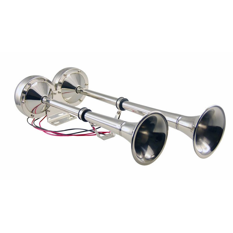 Pactrade Marine Boat RV Car Stainless Steel Dual Trumpet Horn Complete Set 12V