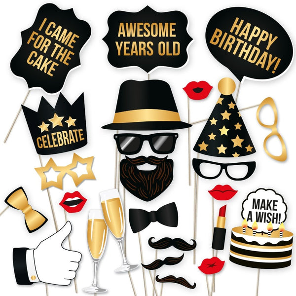 PartyGraphix DIY Happy Birthday Props for Birthday Party Photo Booth Props stand – Suitable for His or Hers Birthday Celebration Photo Booth (34 Count, Black and Gold)