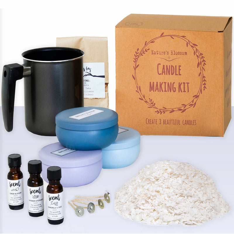 Nature's Blossom Candle Making Kit - A Complete DIY Set for Creating Premium Scented Soy Candles with 1.5 lb. Soy Wax, Melting Pitcher, 3 Tin Containers, Wicks, Lemon, Lavender & Chamomile Fragrances