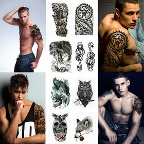 Large Temporary Tattoo Stickers 8 Sheets for Teens Guys Men, Playmax Fake Tattoo Biker Tattoo Waterproof Stickers for Arms Shoulders Chest & Back, Black