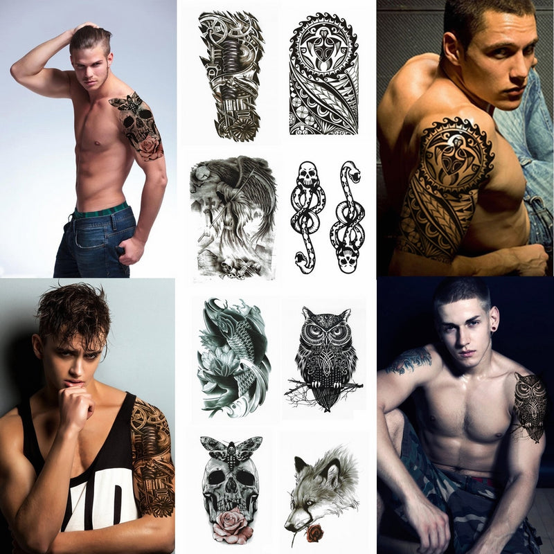 Large Temporary Tattoo Stickers 8 Sheets for Teens Guys Men, Playmax Fake Tattoo Biker Tattoo Waterproof Stickers for Arms Shoulders Chest & Back, Black