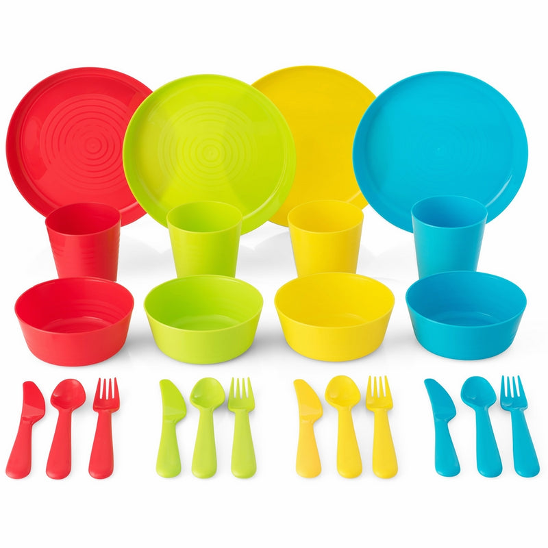 Plastic Dinnerware Set of 4 By Plaskidy - 24 piece Kids dishes Set Includes, Kids Cups, Kids Plates, Kids Bowls, Flatware Set, Kids dinnerware set is Reusable, Microwave - Dishwasher Safe, BPA Free.