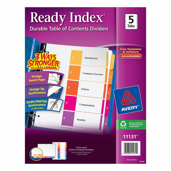 Avery Ready Index Table of Contents Dividers, 5-Tab Set, 1 Set (11131)