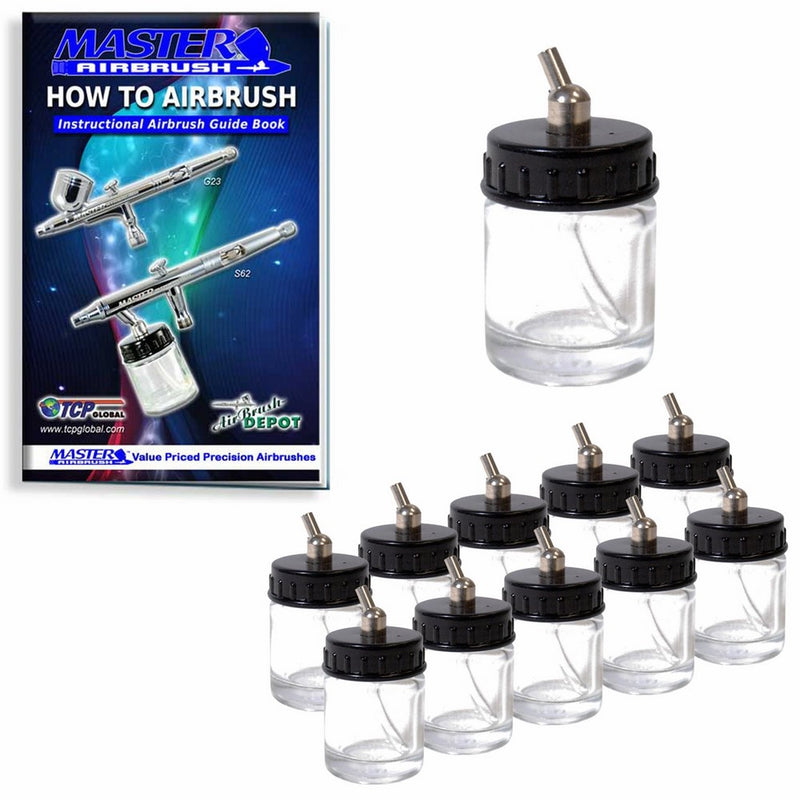 Master Airbrush Brand Box of 10-each TB-002 3/4-Ounce, (22cc) Glass Bottle Air Brush Depot Airbrushing Accessories, Works with Master, Badger, Paasche Airbrushes, Also Includes a (FREE) How to Airbrush Training Book to Get You Started