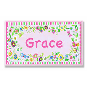 The Kids Room by Stupell Grace, Pink and Green Border with Flowers Personalized Rectangle Wall Plaque