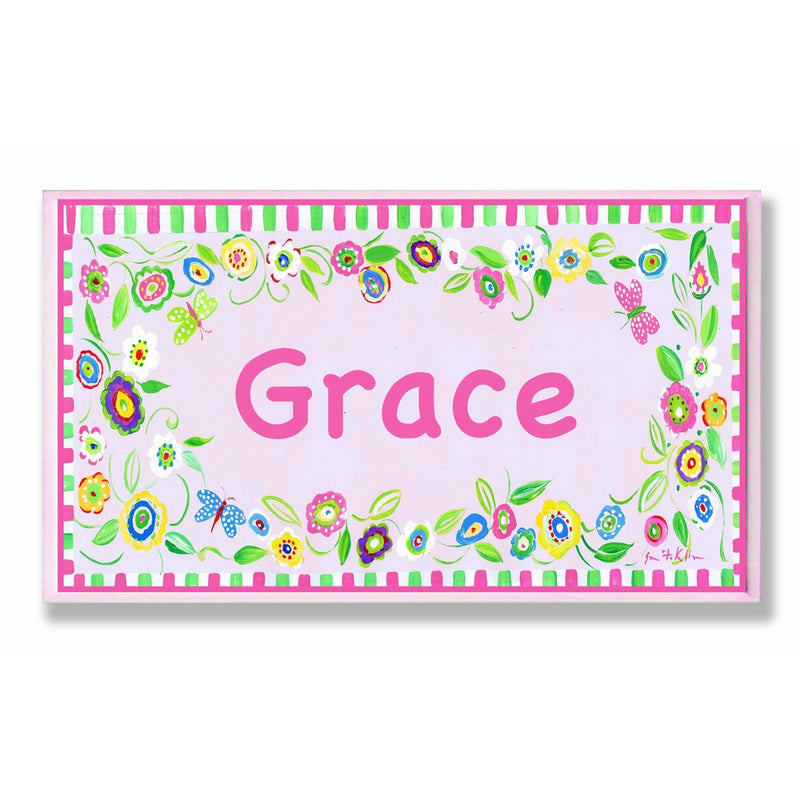The Kids Room by Stupell Grace, Pink and Green Border with Flowers Personalized Rectangle Wall Plaque