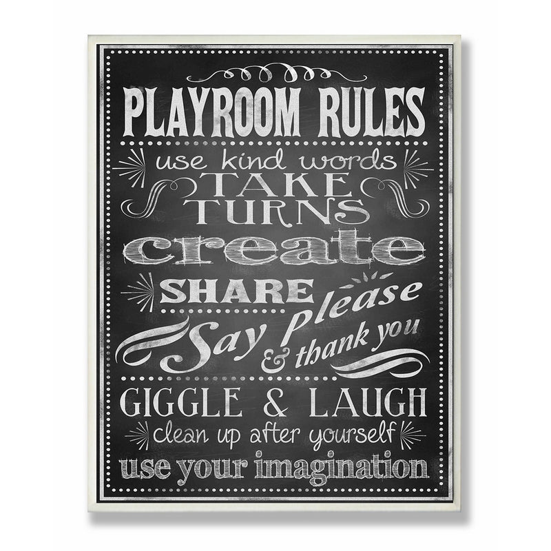 The Kids Room by Stupell Black And White Playroom Rules Use Kind Words Rectangle Wall Plaque, 11 x 0.5 x 15, Proudly Made in USA