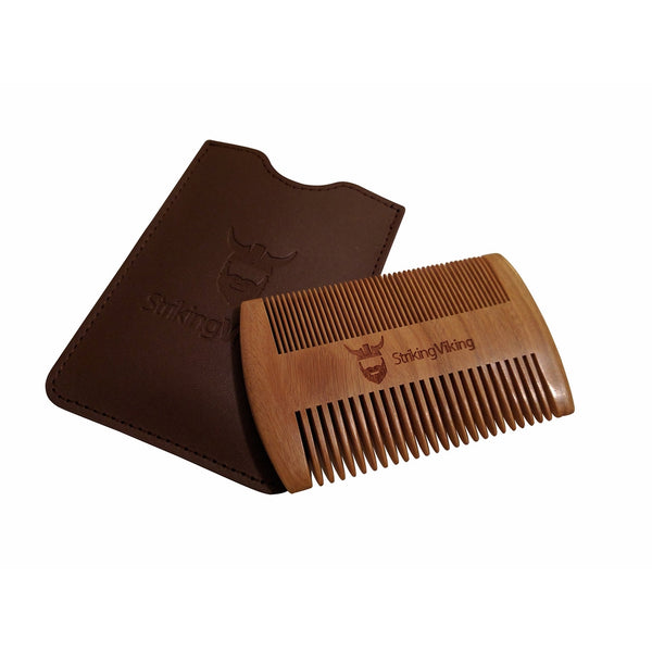 Wooden Beard Comb & Brown Leather Case by Striking Viking - Anti-Static Wood Pocket Comb with Fine & Coarse Teeth For Beard Hair & Mustaches - Perfect With Balms And Oils