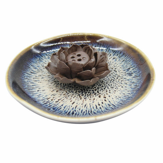 TrendBox Ceramic Handmade Artistic Incense Holder Burner Stick Coil Lotus Ash Catcher Buddhist Water Lily Plate - Three Holes Transmutation Glaze