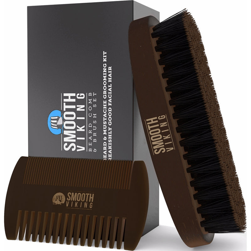 Beard & Mustache Brush and Comb Kit - Boar Bristle Beard Brush & Wooden Grooming Comb - Facial Hair Care Gift Set for Men - Distributes Products & Wax for Styling, Growth & Maintenance - Smooth Viking