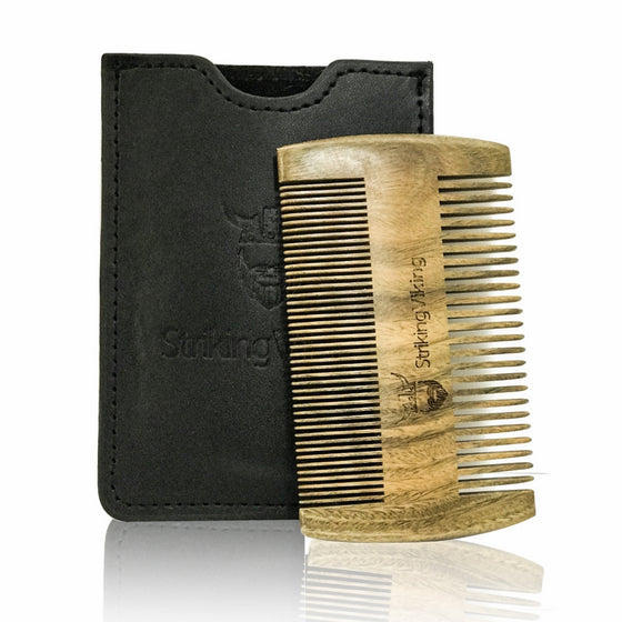 Wooden Beard Comb & Black Leather Case by Striking Viking - Anti-Static Wood Pocket Comb with Fine & Coarse Teeth For Beard Hair & Mustaches - Perfect With Balms And Oils