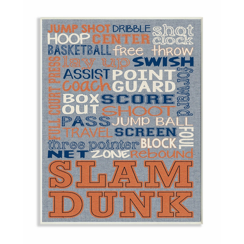 Stupell Home Décor Basketball Typog Denim Feel Wall Plaque Art, 10 x 0.5 x 15, Proudly Made in USA