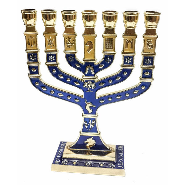 Golden Menorah 7 Branch 12 Tribes Of Israel Jerusalem Menora Blue Enamel 4.7"