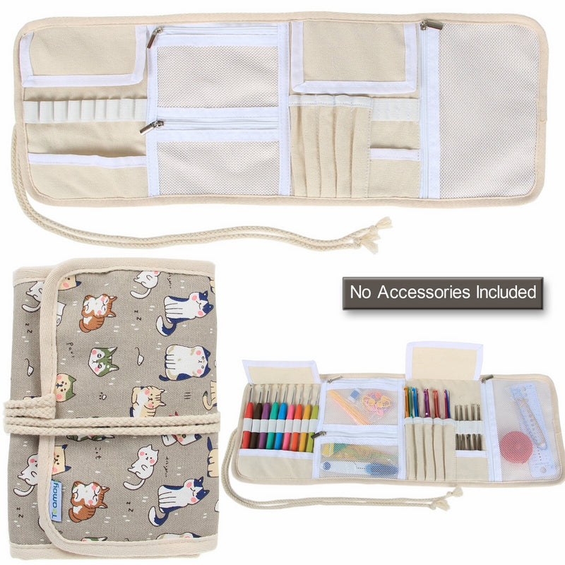 Teamoy Crochet Hook Case, Canvas Roll Bag Holder Organizer for Various Crochet Needles and Knitting Accessories, Compact and All-in-one.