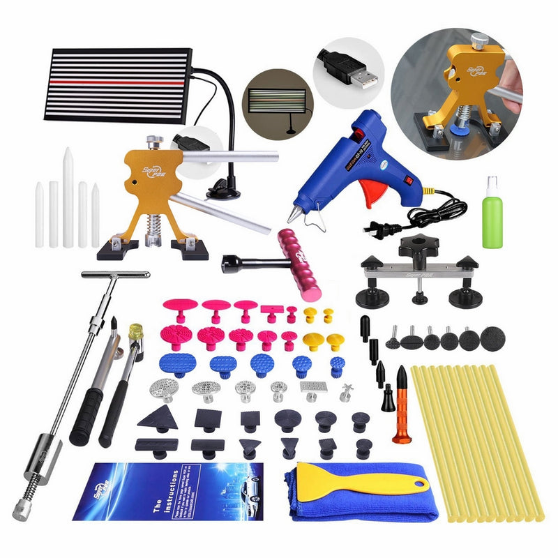 Super PDR 68Pcs Auto Body Paintless Dent Removal Tools Kit LED Reflect Light Board Dent Lifter Bridge Puller Set For Car Hail Damage And Door Dings Repair