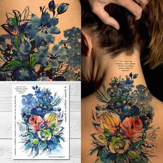 Supperb Temporary Tattoos - Watercolor Blue Flowers Bouquet of Summer Dream