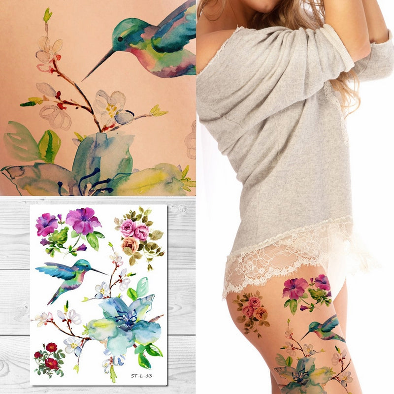 Supperb Temporary Tattoos - Spring flowers & Hummingbird