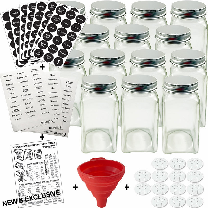 Talented Kitchen 14 Glass Spice Jars with 2 Types of Spice Labels and Funnel. Complete Set: 14 Square Glass Jars 4ounce, Airtight Cap, Preprinted Chalkboard and Clear Label, Pour/Sift Shaker Lid. Rack
