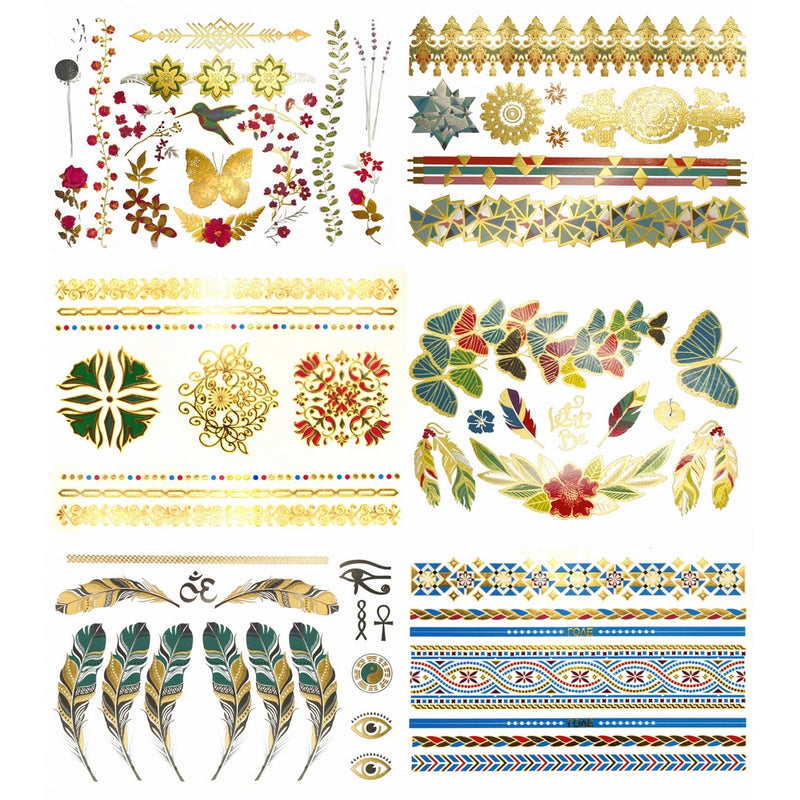 Tropical Boho Metallic Temporary Tattoos - Over 75 Colorful Gold Designs (6 Sheets) Terra Tattoos Layla Collection