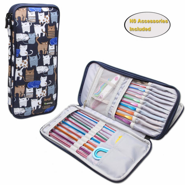 Teamoy Tunisian Crochet Hook Case(up to 11" long), Travel Organizer Bag for Afghan Crochet Hooks, Ergonomic Crochet Hooks, Knitting Needles and Accessories, Well Made, Large Capacity, Cats Blue