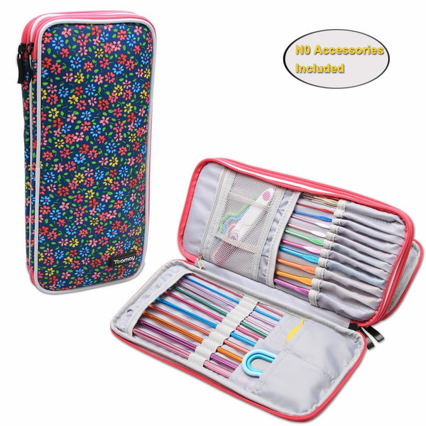 Teamoy Tunisian Crochet Hook Case(up to 11" long), Travel Organizer Bag for Afghan Crochet Hooks, Ergonomic Crochet Hooks, Knitting Needles and Accessories, Well Made, Large Capacity, Flowers Blue