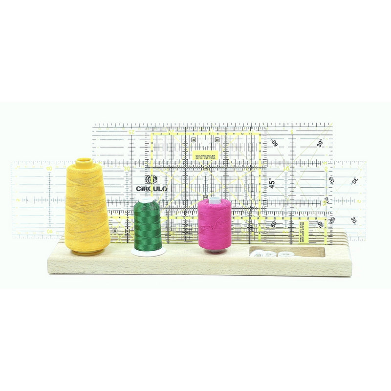 Hardwood Quilt Ruler Rack with Spool Holder and Space to Store Pins Tacks Bobbins